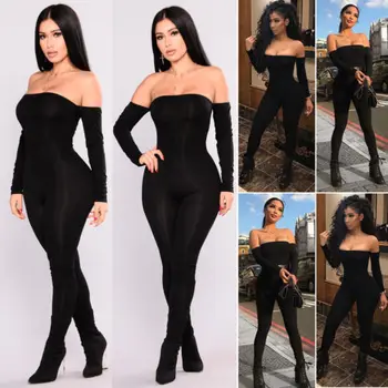 

Fashion Womens Off-Shoulder Jumpsuit Long Sleeve Bodysuit Romper Casual Trousers