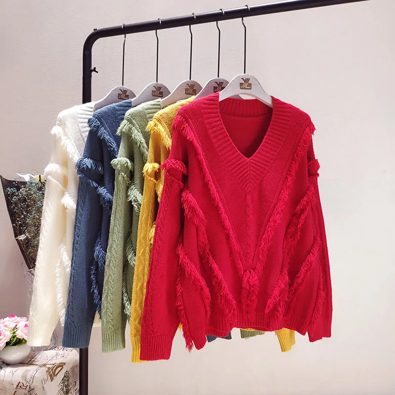 

Women's sweater V-neck Tassel loose top coat women's clothing 2019 spring / autumn new sweater bottoming shirt