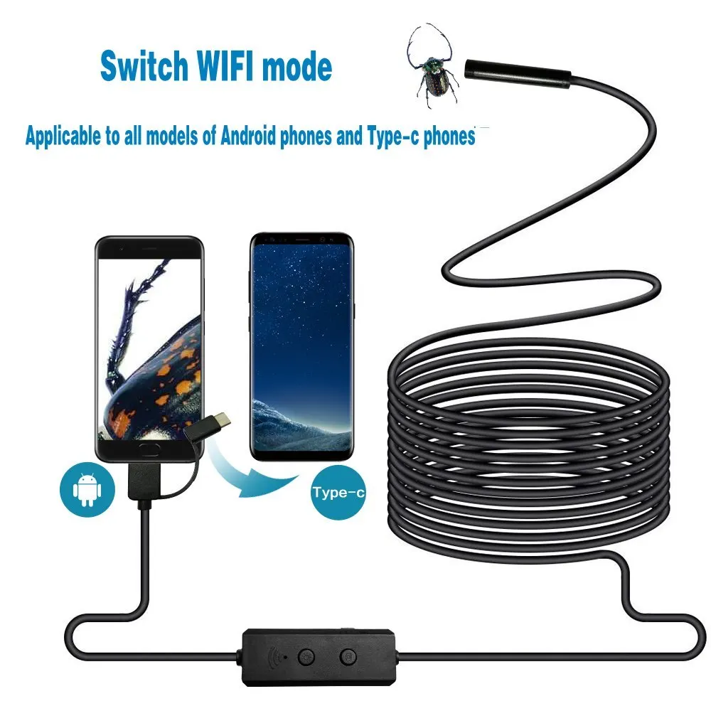 

F160 8mm HD 720P Black WIFI Endoscope Camera Cable IP67 Waterproof With Adjustable Light Button 8pcs LED Light Long Cable