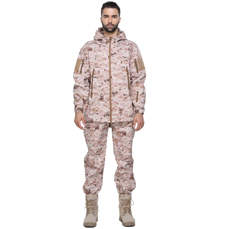 Лесной камуфляж Мужская тактическая флисовая куртка костюм для походов и охоты EDC легкая флисовая куртка+ брюки - Цвет: Desert Digital