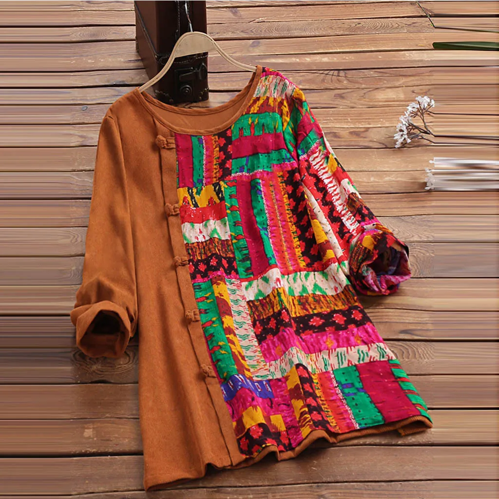

2020 New Style Women's Fashion Long-sleeved Corduroy O-neck Printed Shirt Top Shirt Patchwork Top