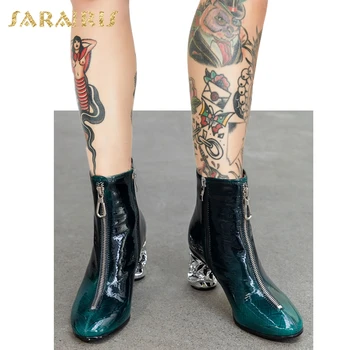 

Sarairis Brand New 2020 Patent Leather Comfy Shoes Woman Boots Female Strange Style Crystal Zipper Black Trendy Booties