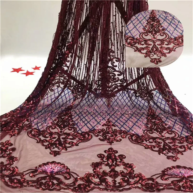 

Red Wine Fashion design beautiful African net lace fabric with sequins, 2019 Most popular French lace fabric for wedding