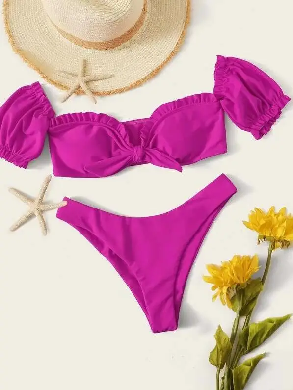 

Ladies' sexy bikini 2020 sexy swimsuit kawaii ruffle design swim bikini for ladies pink bikini drop-shoulder bikini