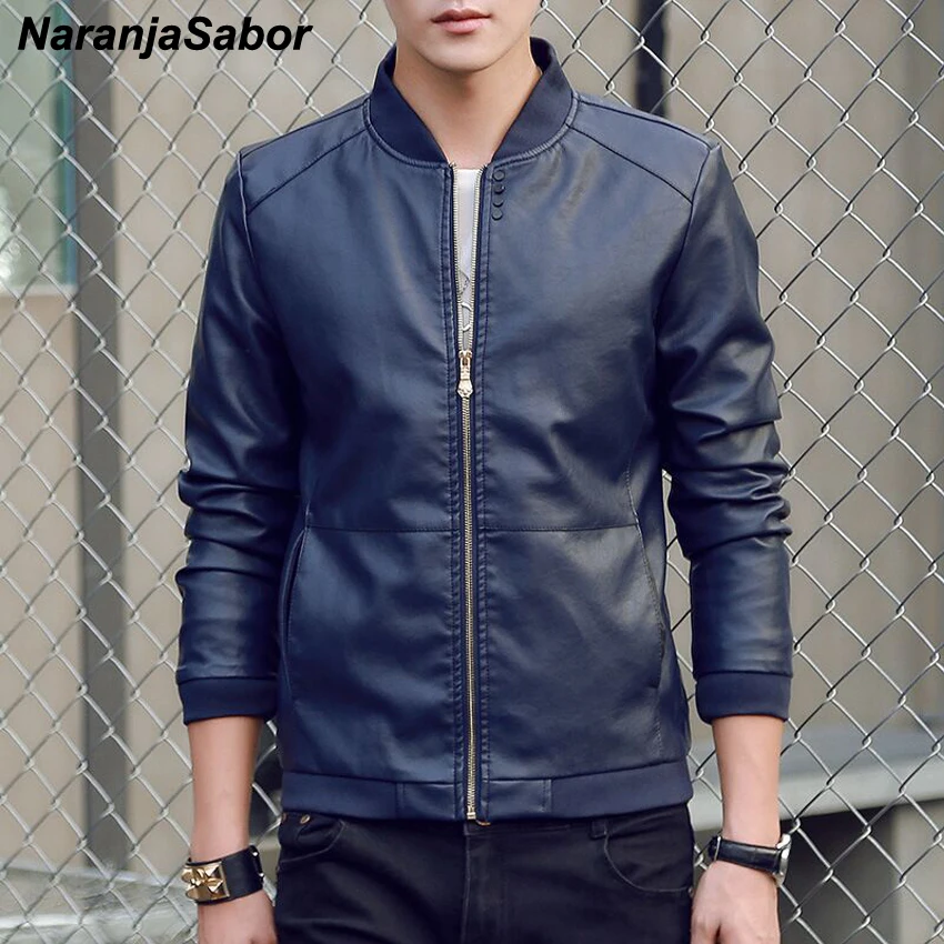 Goedkoop NaranjaSabor 2019 Nieuwe mannen lederen Jas PU Mode Lente Herfst Jassen Faux Leather Slim Fit Mannelijke Motorfiets Jassen N559
