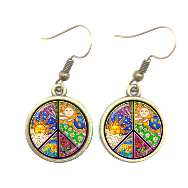 Blue-Red-Yellow Hippie Peace Van Bus Photo Drop Earrings Retro Beach Bus Car Collectors Bus Peace Sign Jewelry For Women