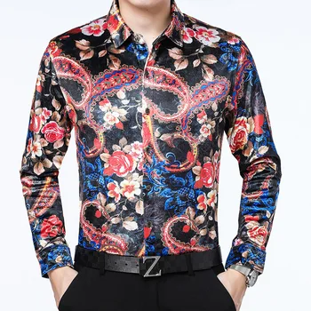 

Cashew Flowers Printed Shirts Mens Floral Plus Size Blouse Retro Velvet Shirts Mens Fancy Dress For Big Breasts Gentlemen Shirts