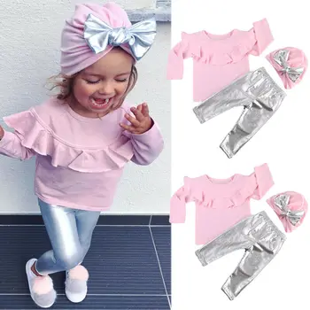

UK Toddler Baby Girl Tops T-shirt Bling Pants Hat Party Outfits Set Clothes