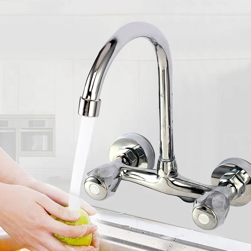 Wall Mounted Kitchen Faucet Double Handle Sink Basin Tap Cold hot Water Mixer Tap Dual Hole Bathroom Sink Wash Basin Water Tap
