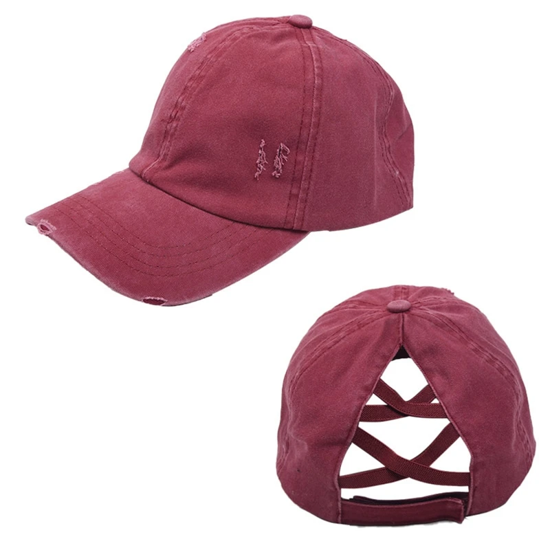 

Women Vintage Washed Ripped Leopard Baseball Cap Criss Cross Ponytail Dad Hat X7XE