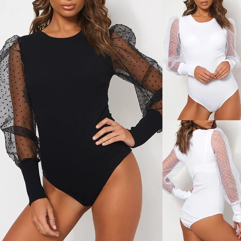 Body de manga larga de malla con lunares para mujer, Top ajustado Vintage, bodis de malla, novedad de otoño