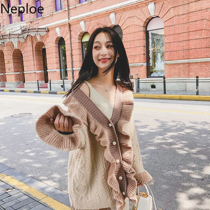 

Neploe Elegant Flare Sleeve Knit Cardigans Femme Sweet Patchwork Foral Sweater Women Loose Student Knit Autumn Ladies Coat 46317