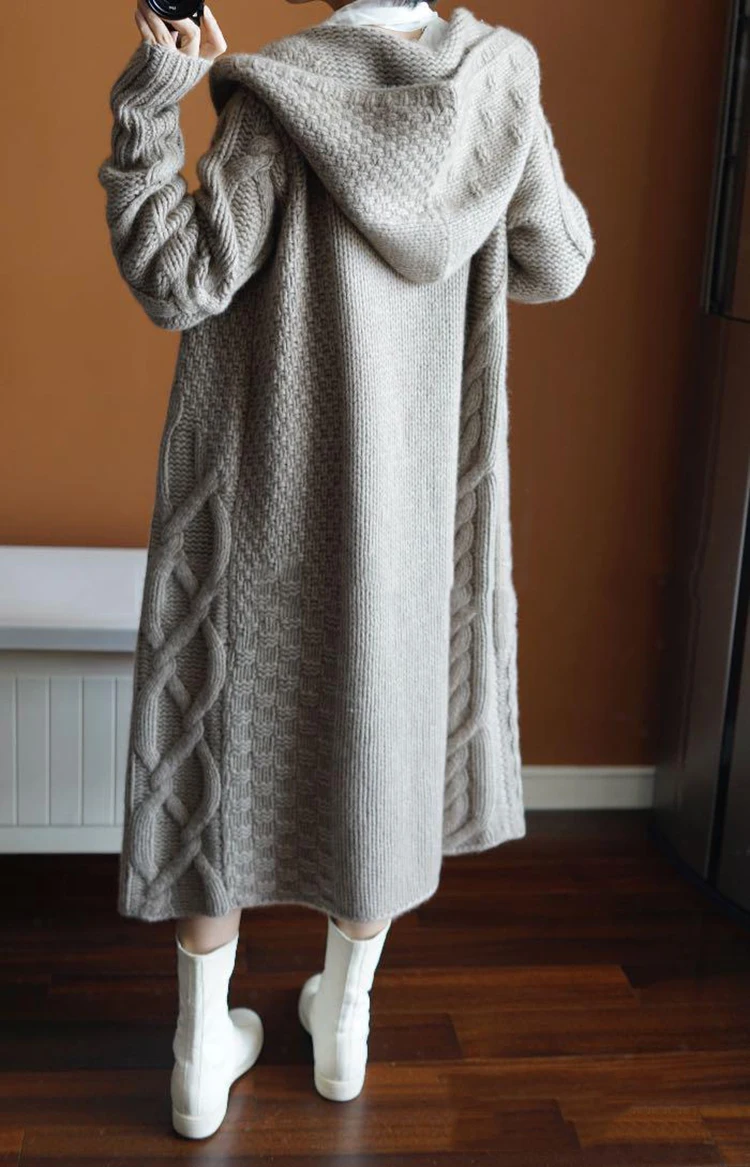 Осенний женский свитер, женский длинный кардиган, зимнее плотное пальто, корейский стиль, пальто с длинным рукавом, теплый вязаный с капюшоном размера плюс