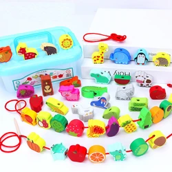 Juego de encordamiento de fruta alfanumérica para niños, juguete educativo de desarrollo de coordinación mano cerebro, cuentas de madera de animales