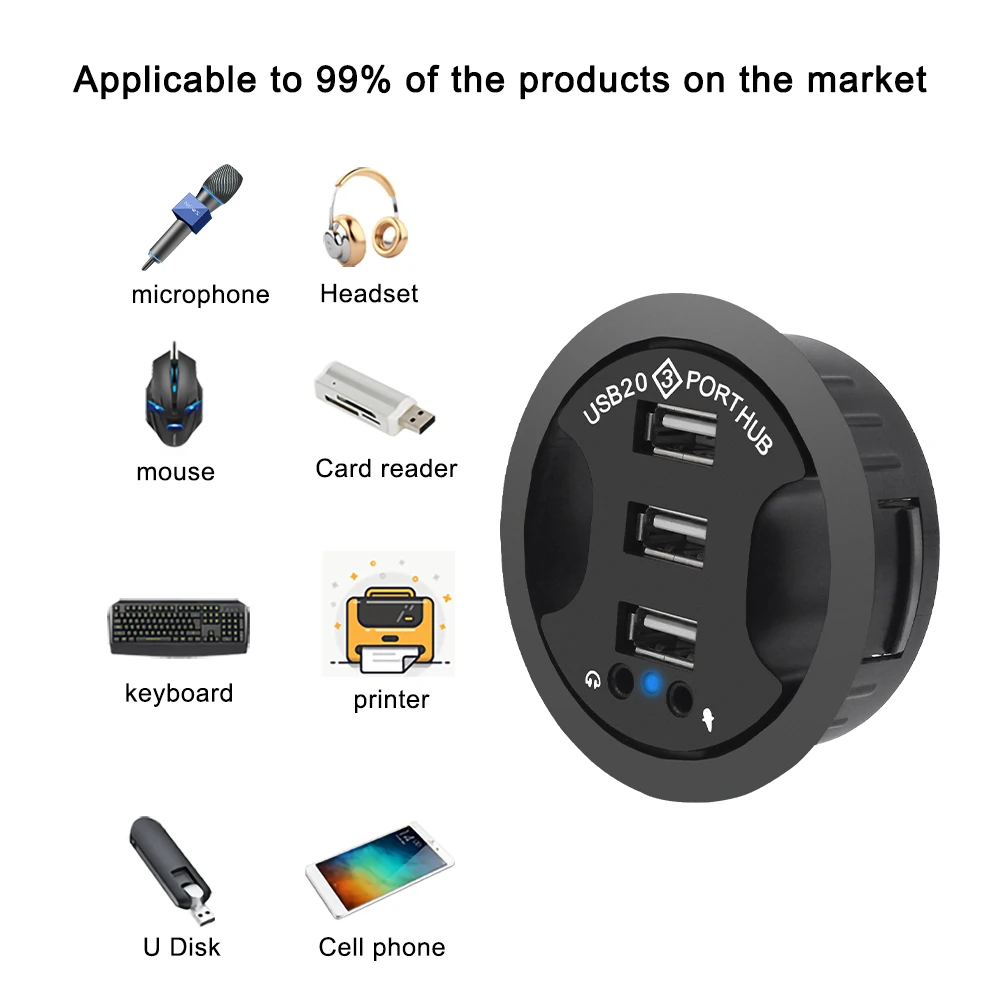 Audio Desk Mount Adapter, Hub USB 2.0, 3 portas