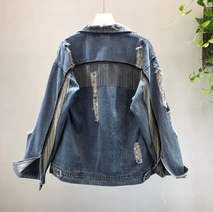 

2019 New Fashion Autumn Heavy Work Tassel Chain Hole Denim Jacket Female Long Sleeve Loose Cowboy Coat Jeans Jackets