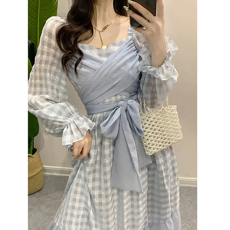 Spring And Autumn French Retro Bubble Long-Sleeved Tie Ruffled Plaid DressMid-Length Princess Dress Blue Sweet Temperament Dress sweater dress