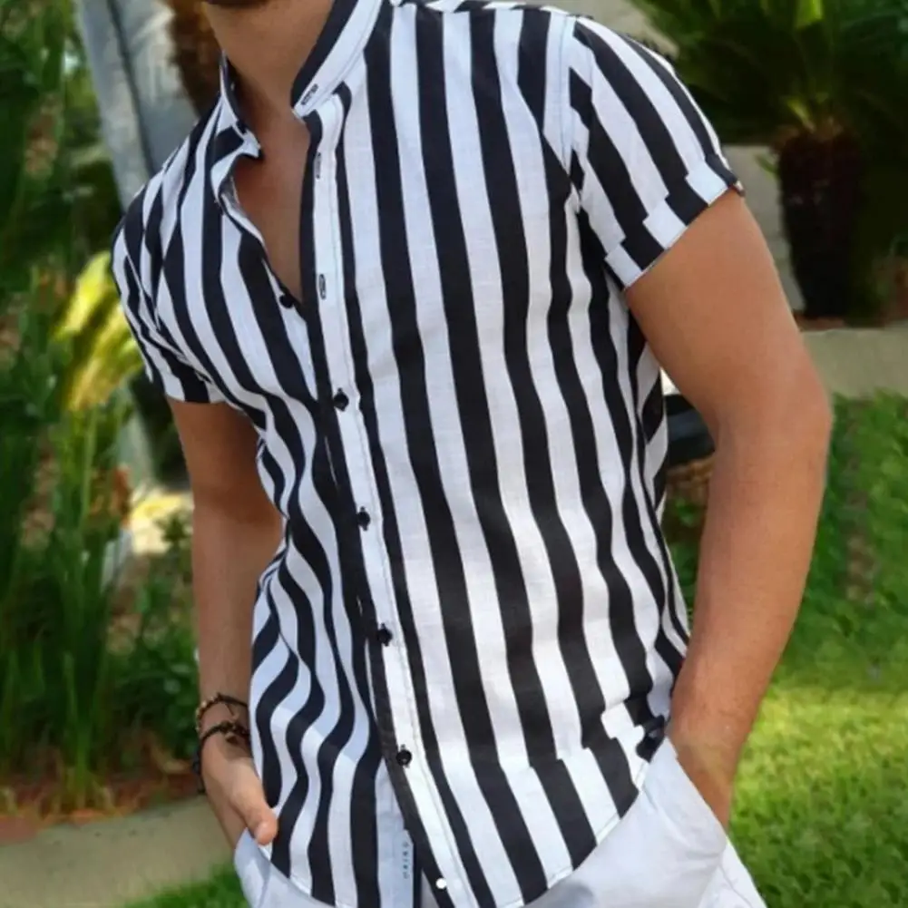 Cotton Shirt Men Casual Shirt Summer Stripes Short Sleeve Stand Collar Men Cardigan Outdoor Casual Shirt