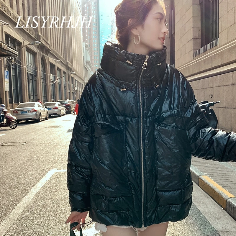 Хип-хоп негабаритное Женское пальто Зимняя теплая Глянцевая куртка Женская Harajuku плюс размер верхняя одежда лакированный пуховик женская