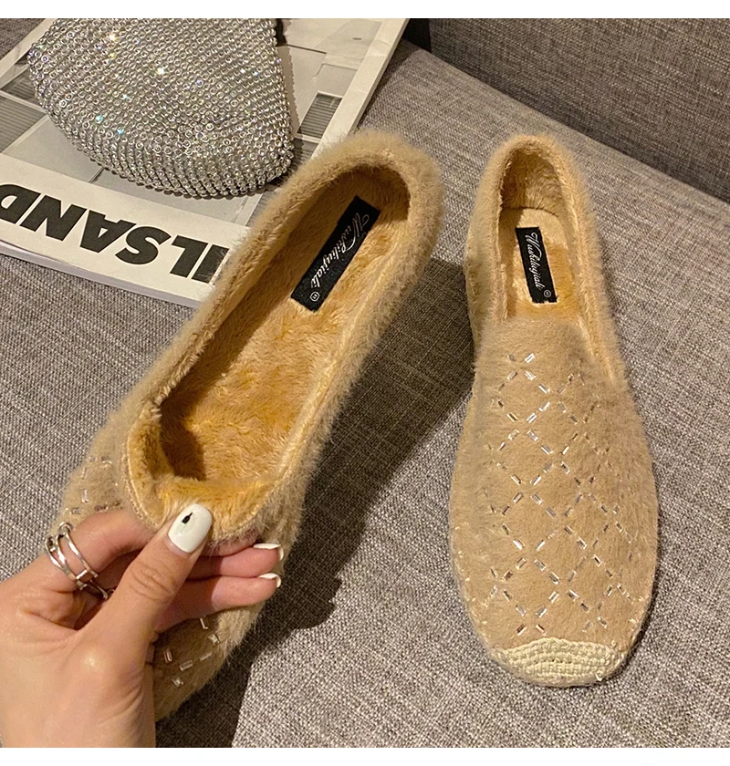 Fashion Hemp Loafers Women Espadrilles Flats Shoes Sewing Rhinestone Round Toe Ladies Casual Moccasins Slip On Brand Style New