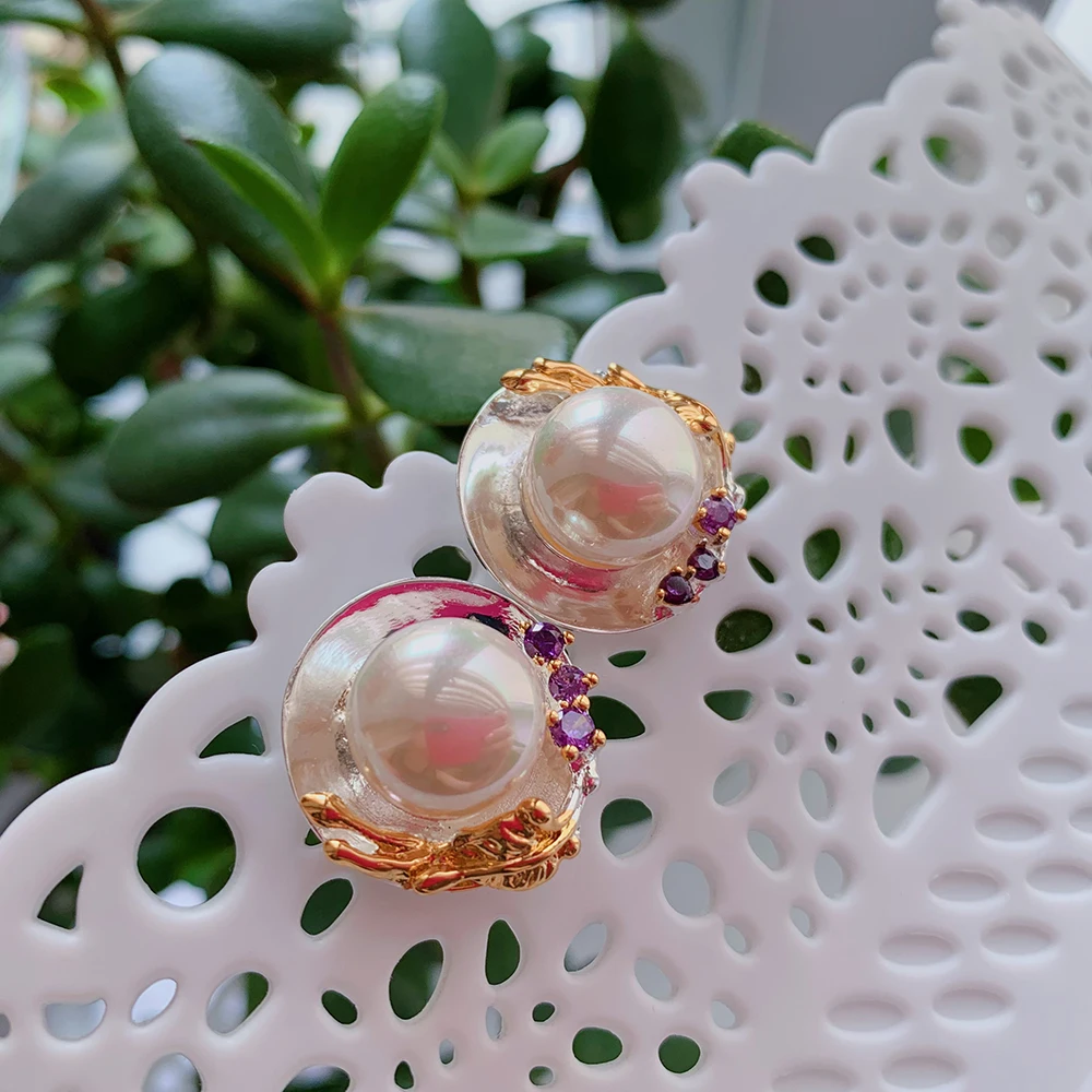 Pretty Elegant 2 Tone color Large Stud Earrings Jewellery Pearl Jewelry Big Gold color Leaf earring for Women