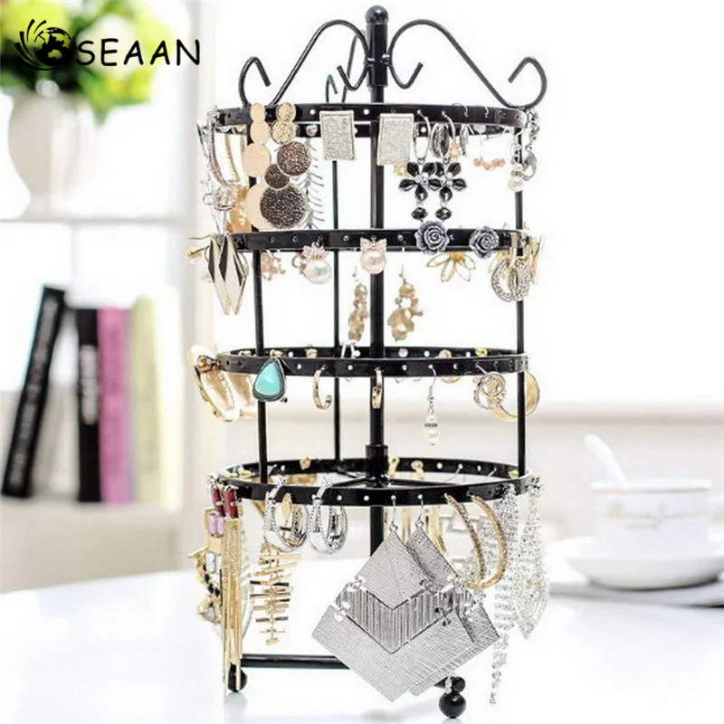 

SEAAN Fashion 144 Holes Rotating Earring Metal Stands Ring Display Jewelry Rack Holder Movable Shelf Organizer Jewelry Shelves