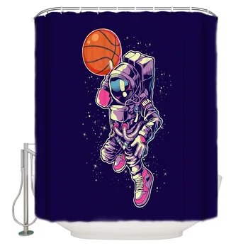 

Astronaut Basketball Starry Sky Starlight Bathroom Curtain Polyester Fabric With 12 Hooks Waterproof Shower Curtain