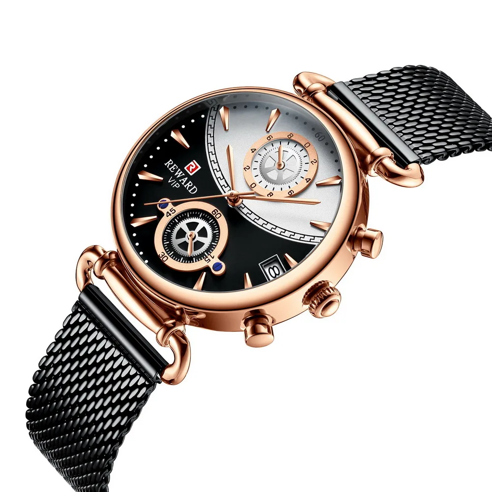 Orologi da coppia Cronografo Calendario Orologi da polso con cinturino in maglia di acciaio inossidabile Orologio da polso da donna impermeabile al quarzo_voghion.com