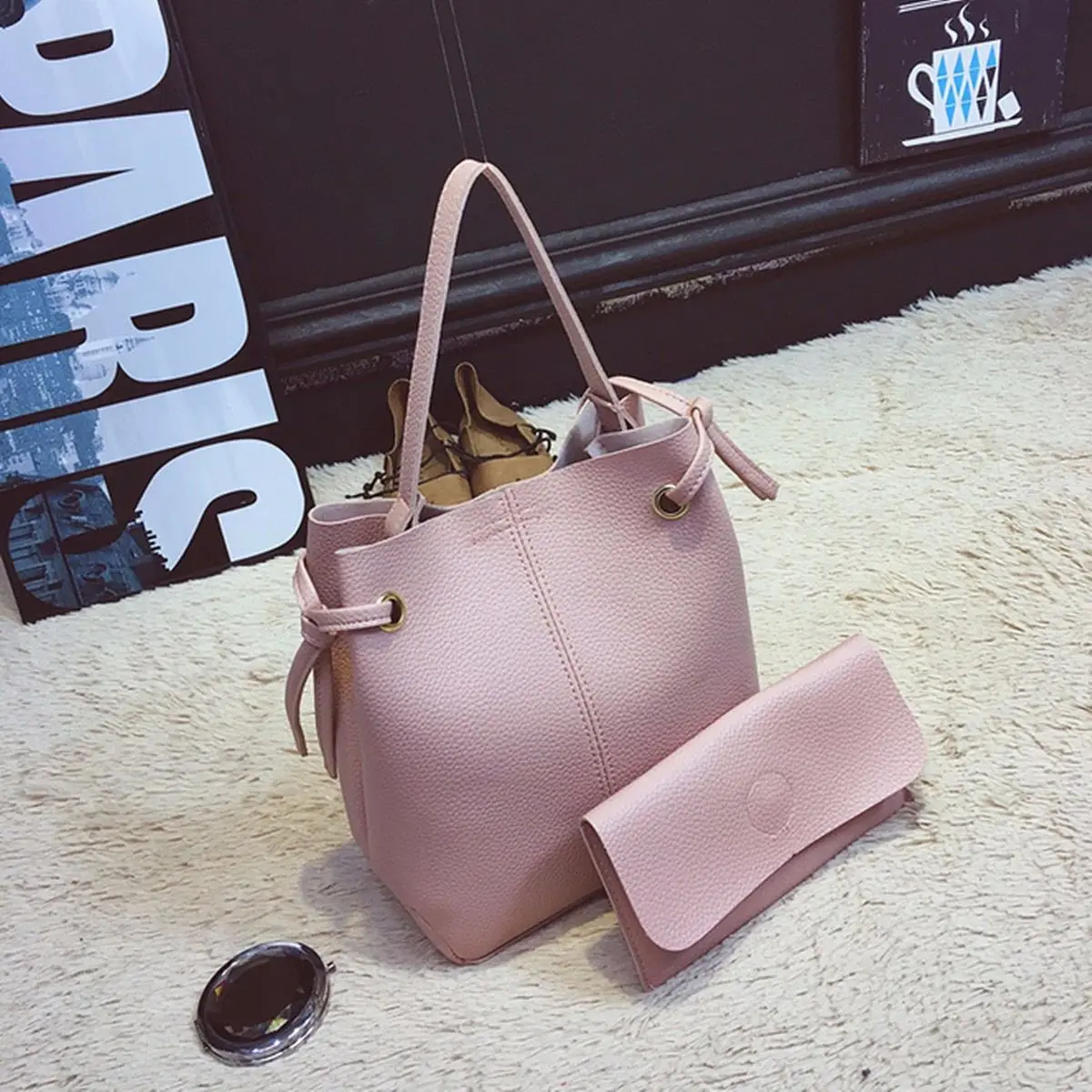 

2Pcs Women Bucket Bag Fashion Solid Composite PU Leather Casual Drawstring Shoulder Bag Blue Top-Handle Handbags Crossbody Purse