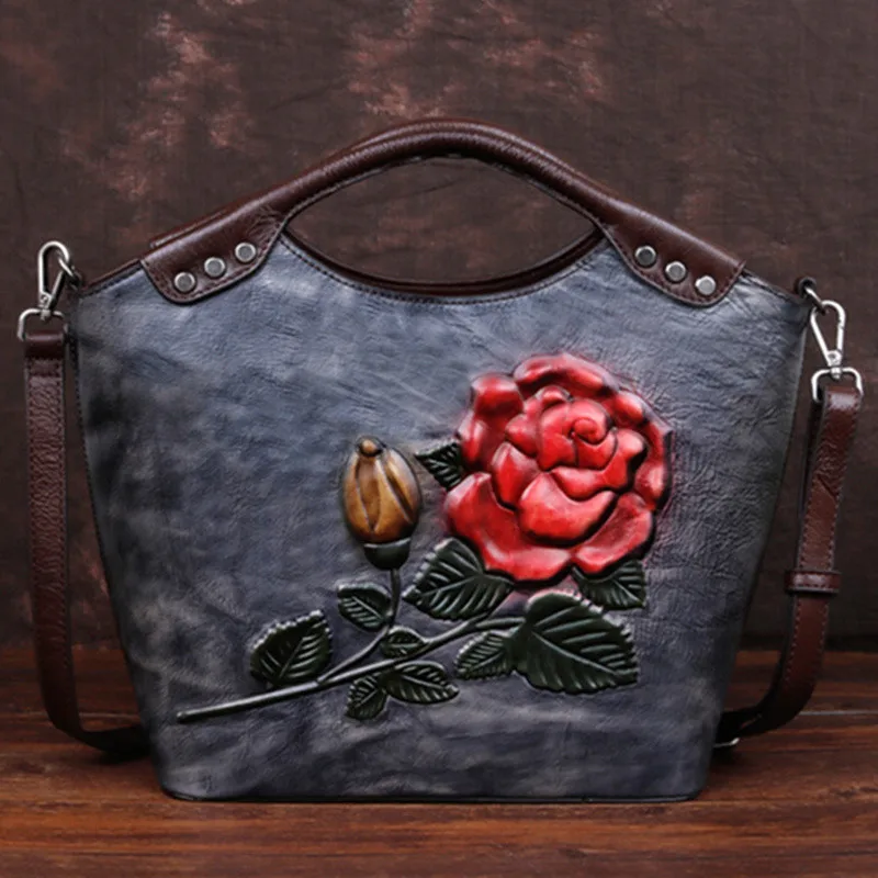 

WERAIMJX Luxury Genuine Leather Women Handbags Totes New Designer Flowers Embossing Shoulder & Crossbody Bags Retro Cowhide Bags