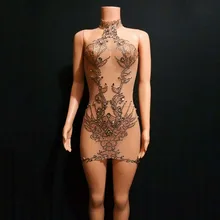 Стразы Sparkly Sexy Dress Мода Обнаженная Большой Эластичный Танец Костюм Цельный Наряд День Рождения Платье Партии Праздновать Наряд