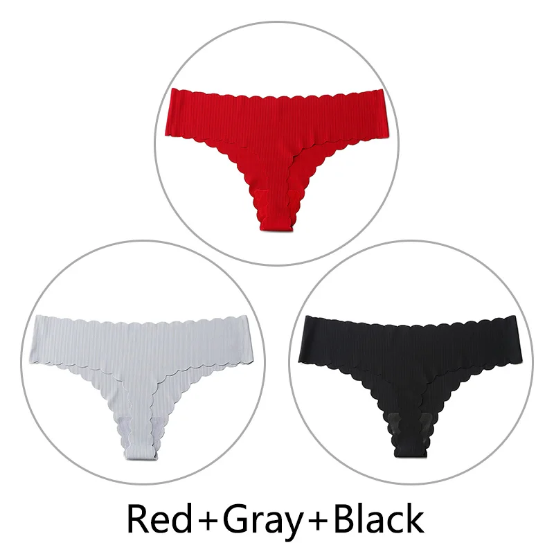 Red Gray Black 3 шт./партия, полосатые бесшовные стринги и стринги, трусики для женщин, нижнее белье, сексуальные оборки, цельное женское белье, танга, американский размер - Цвет: Red Gray Black