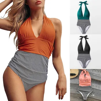 

Sexy 2020 Bikini Swimsuit Women Swimwear Push Up Bikinis Set Stripe Print Female Deep V Neck Swimming Suits for Bathing Suit