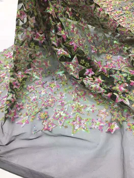 

Star colorful sequins embroidered French mesh African lace Nigeria lace fabric suitable for DIY evening party dress skirt