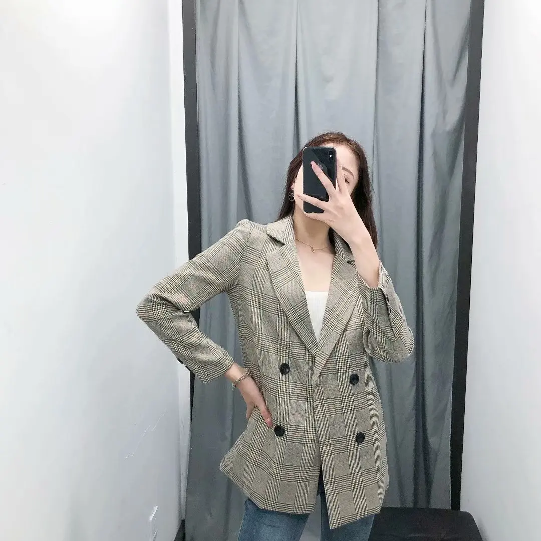 

Europe And America 2019 Autumn New Style Retro Plaid Suit Coat Double Breasted Mid-length Tops K4-0417