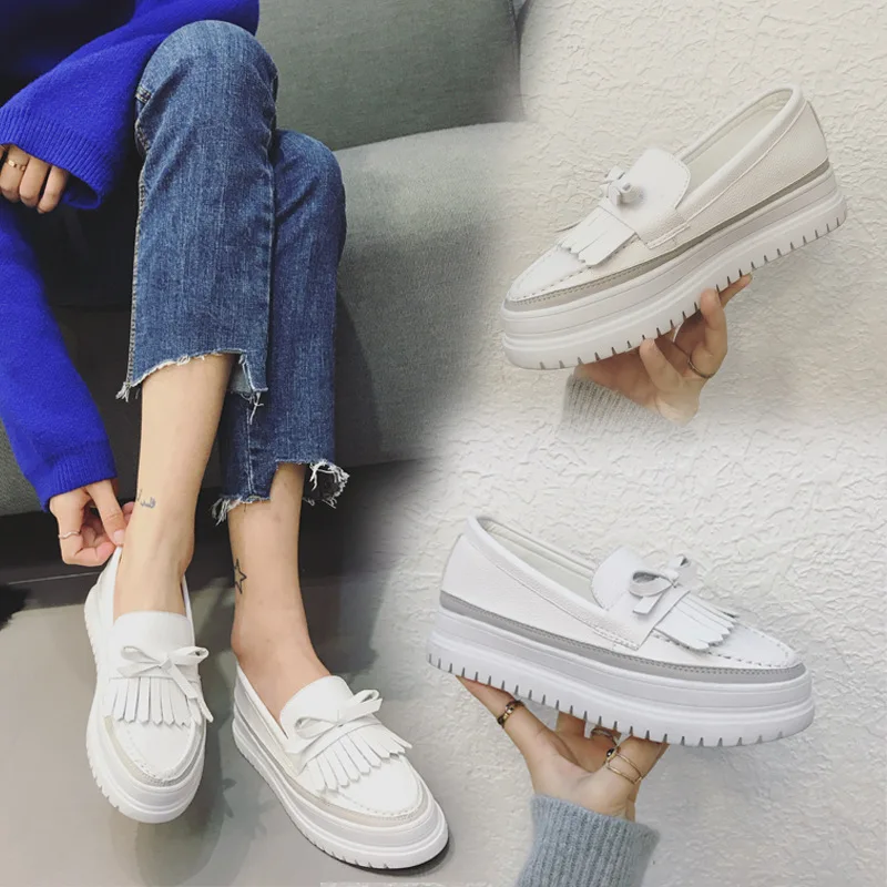

2018 New Style Korean-style Slip-on Loafers Tassels Bow Thick Bottomed Platform Loafers WOMEN'S Shoes