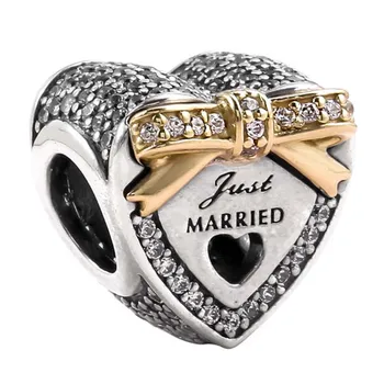 

Authentic 925 Sterling Silver Bead Charm Crystal Wedding Love Heart With Gold Bow Beads Fit Pandora Bracelet Bangle DIY Jewelry