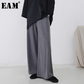 

[EAM] 2020 New Spring High Elastic Waist Gray Loose Long Wide Leg Knitting Pants Women Trousers Fashion Tide JI365