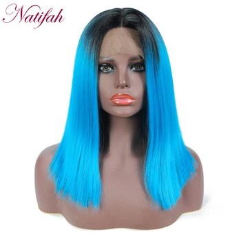 

Natifah Ombre Blue Wig Synthetic Lace Front Wigs 12Inch Black to Blue Middle Part Lace Wig For Women Cosplay Wig