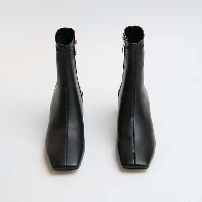 Krazing Pot/Классические однотонные ботинки из натуральной кожи с квадратным носком; повседневная обувь на высоком каблуке с боковой молнией; Модные женские зимние ботильоны; L26 - Цвет: Черный