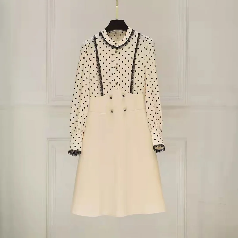 

Top Quality New 2022 Spring Dress Women Polka Dot Print Lace Button Patchwork Long Sleeve Apricot Black Vintage Retro Dress XXL