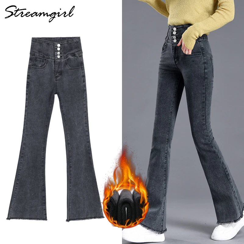 Flared Jeans Denim Pants Velvet Skinny Blue High-Waist Winter Women Ladies for Fleece