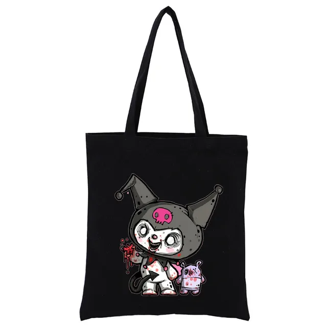 Little Black Bunny Cat Rock Reusable Shopping Bag Women Canvas Tote Bags Printing Eco Bag Cartoon Shopper Shoulder Bags Black T323-B
