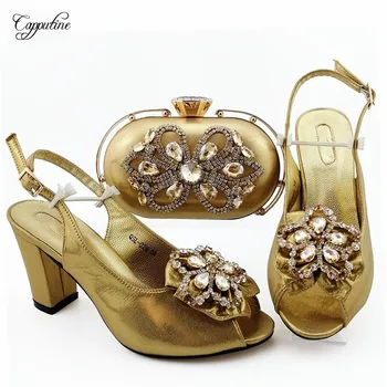 

Latest gold high heel sandal shoes and evening handbag matching for party dress QSL026 heel height 9cm