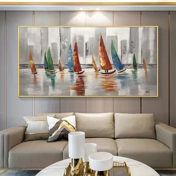 

RELIABLI ART Oil Painting On Canvas Boat On the Sea Pictures Canvas Prints Wall Art For Living Room Decoration Landscape Posters