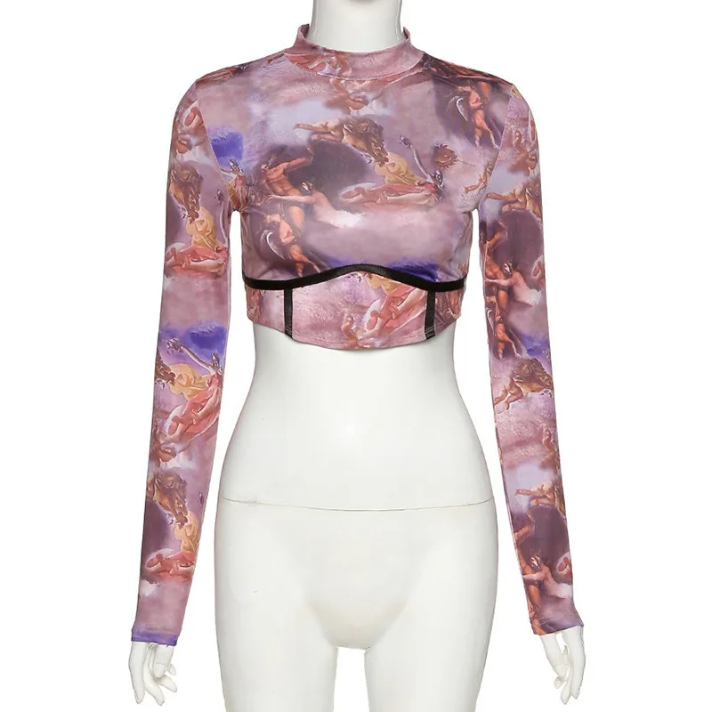 NEW Women's Retro Printed Cropped Top Long-sleeved Round Neck Tight-fitting Thin T-shirt Sexy Pullover 2020 Lady Party Wear