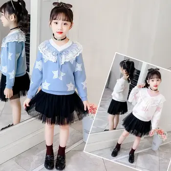 

New Fashion Kids Crochet Collar Lace Up Sweater For Girls Baby Star Print Sweater Teenager Knitwear Age 15 Years to 5 Years