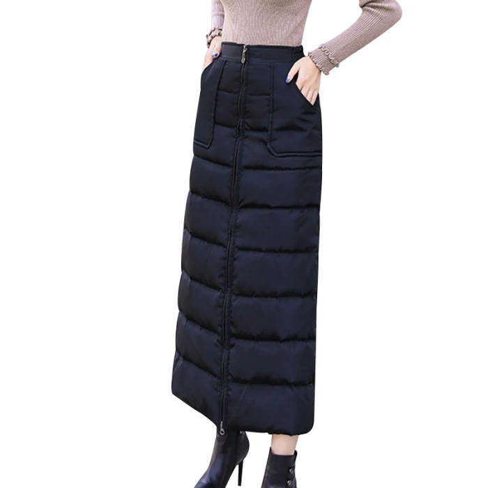 Winter Down Cotton Skirt High Waist Zip up Long Fashion Warm Skirt Thickening Women A-line Skirts d88