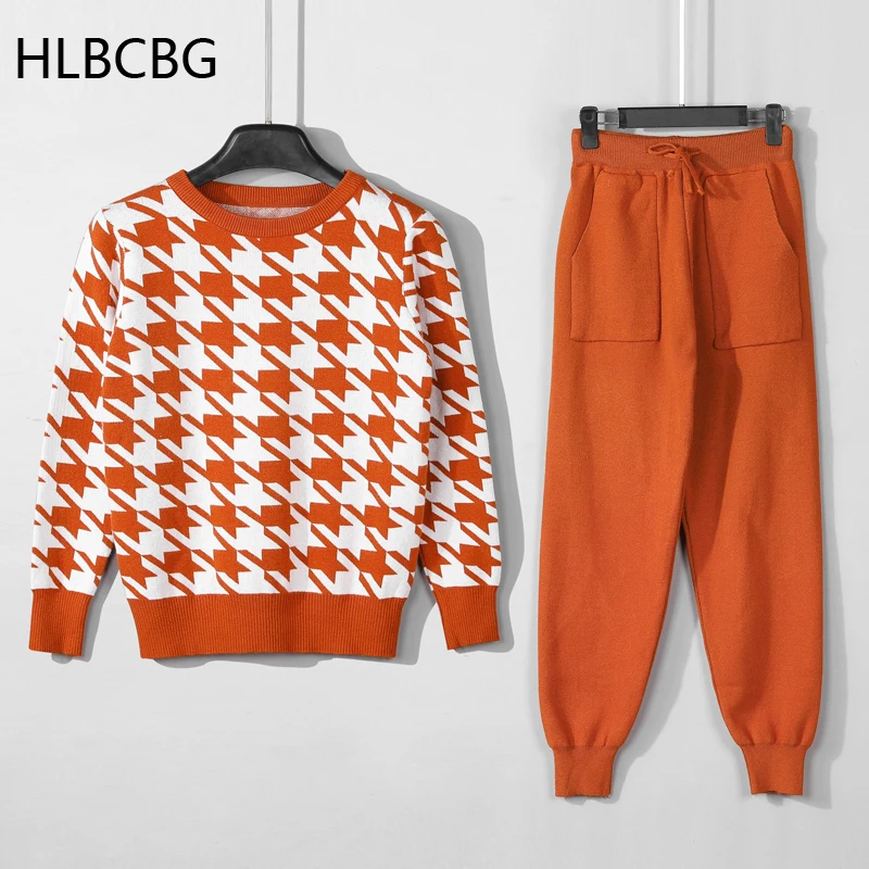 

HLBCBG NEW Houndstooth Knit Womens Tracksuits Korean Fashion O Neck Woman Pullovers Harem Pants Two Piece Sets Winter Outfits