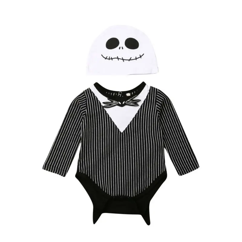 0-18M Infant Newborn Baby Boy Girl Halloween Costumes Stripe Bat Romper Long Sleeve Jumpsuit +Ghost Hat